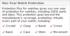Protection Plus for watches gives you one year of protection for watches, including 100% parts and labor. This protection goes beyond the manufacturer&rsquo;s coverage, protecting virtually every part of your watch.